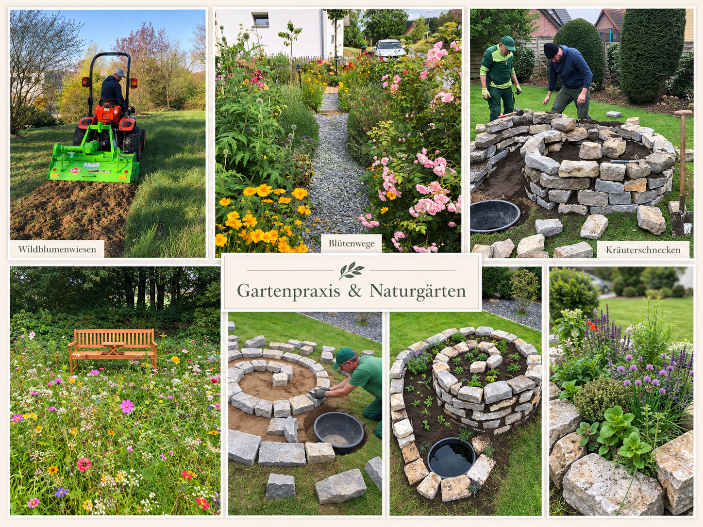 Gartenbauprojekte der SH Gartenservice GbR mit Wildblumenwiese, Blütenweg und bepflanzter Kräuterschnecke