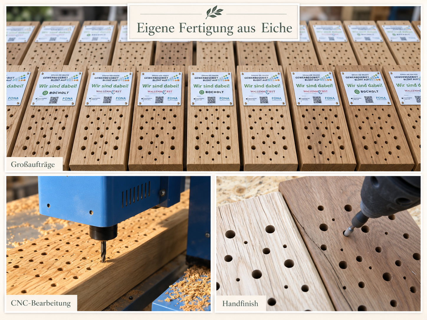 Eigene Fertigung von Wildbienen-Nisthilfen aus Eiche mit CNC-Bearbeitung, Handarbeit und größeren Stückzahlen