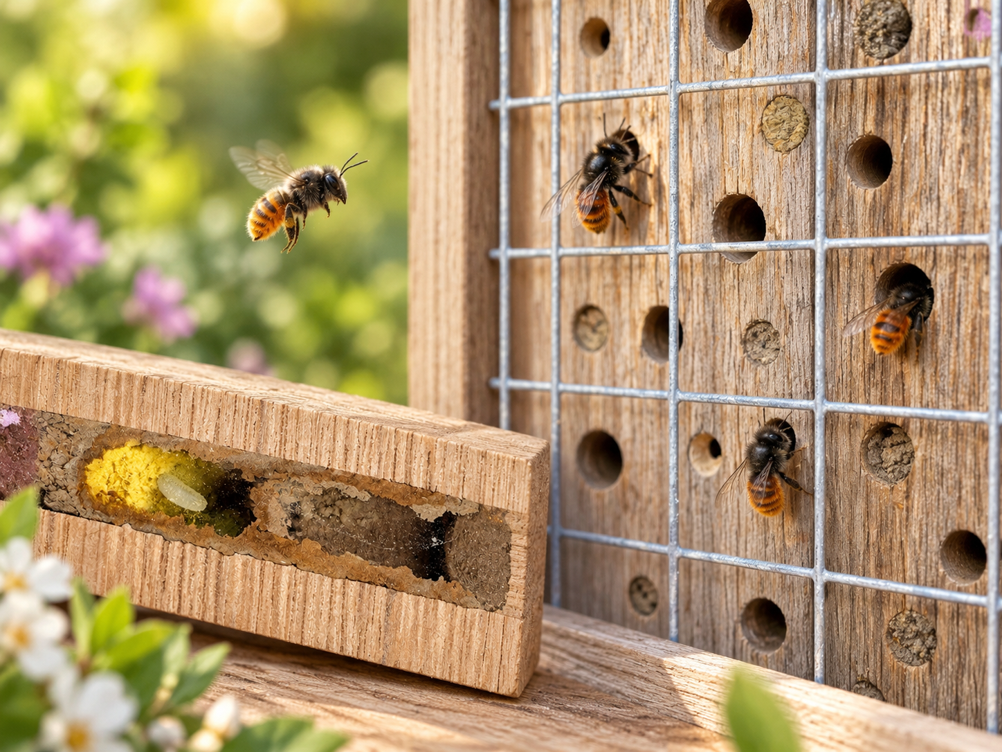 Wildbienen an einer Nisthilfe aus Eiche mit Schutzgitter sowie Einblick in eine Brutkammer im Schaukasten