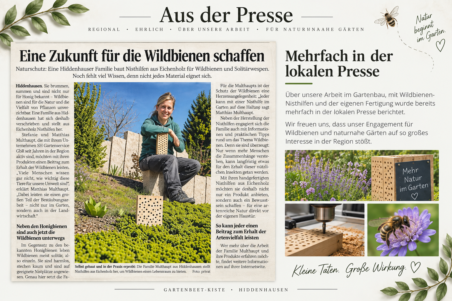 Zeitungsartikel über Stefanie Multhaupt und Wildbienen-Nisthilfen der Gartenbeet-Kiste