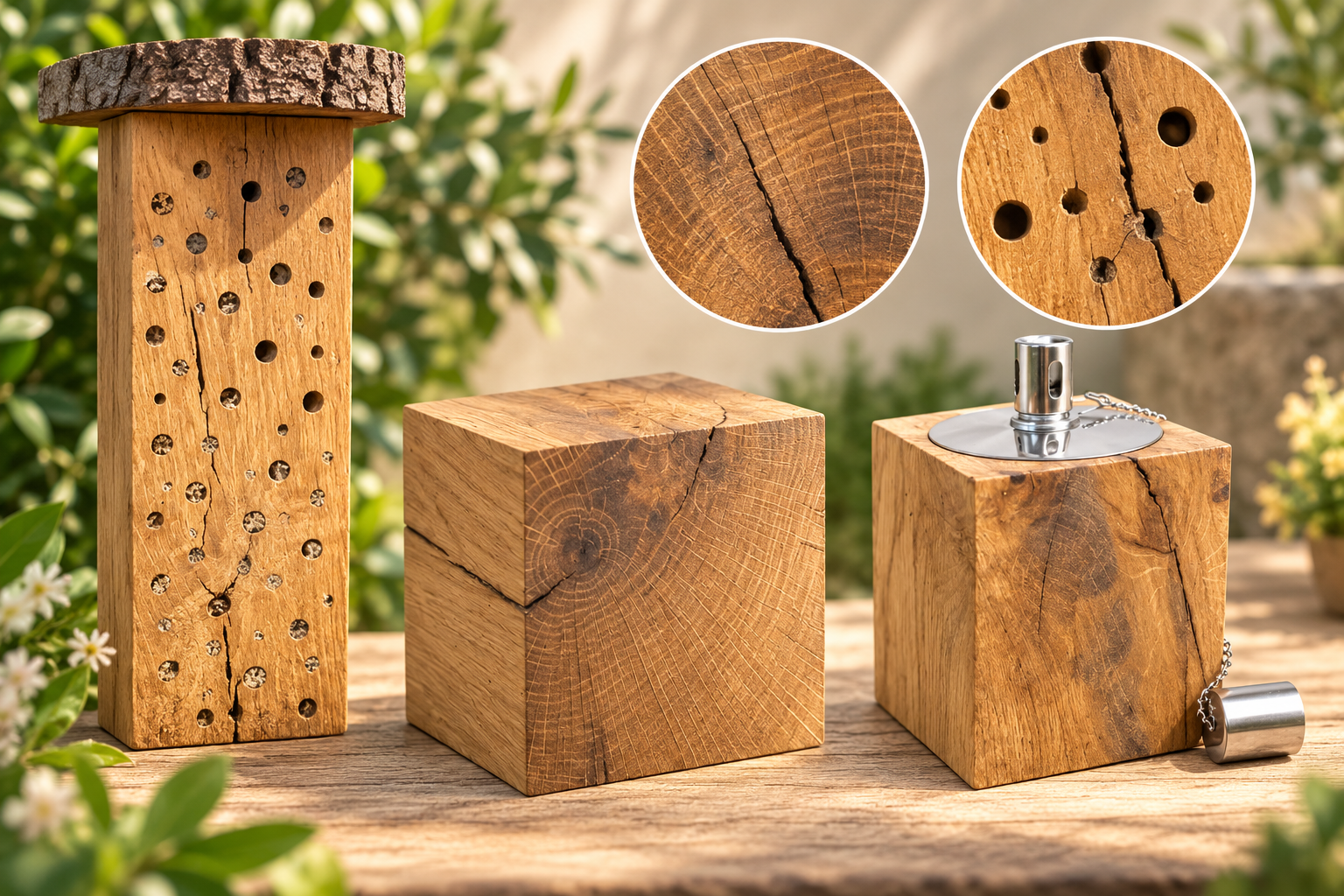 Natürliche Risse und Holzmerkmale in massiver Eiche an Wildbienen-Nisthilfe, Eichenwürfel und Gartenfackel